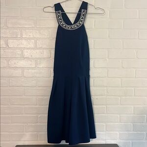 ALYA Womens Dress with Embellished Neckline Navy Blue Elegant A-line Medium